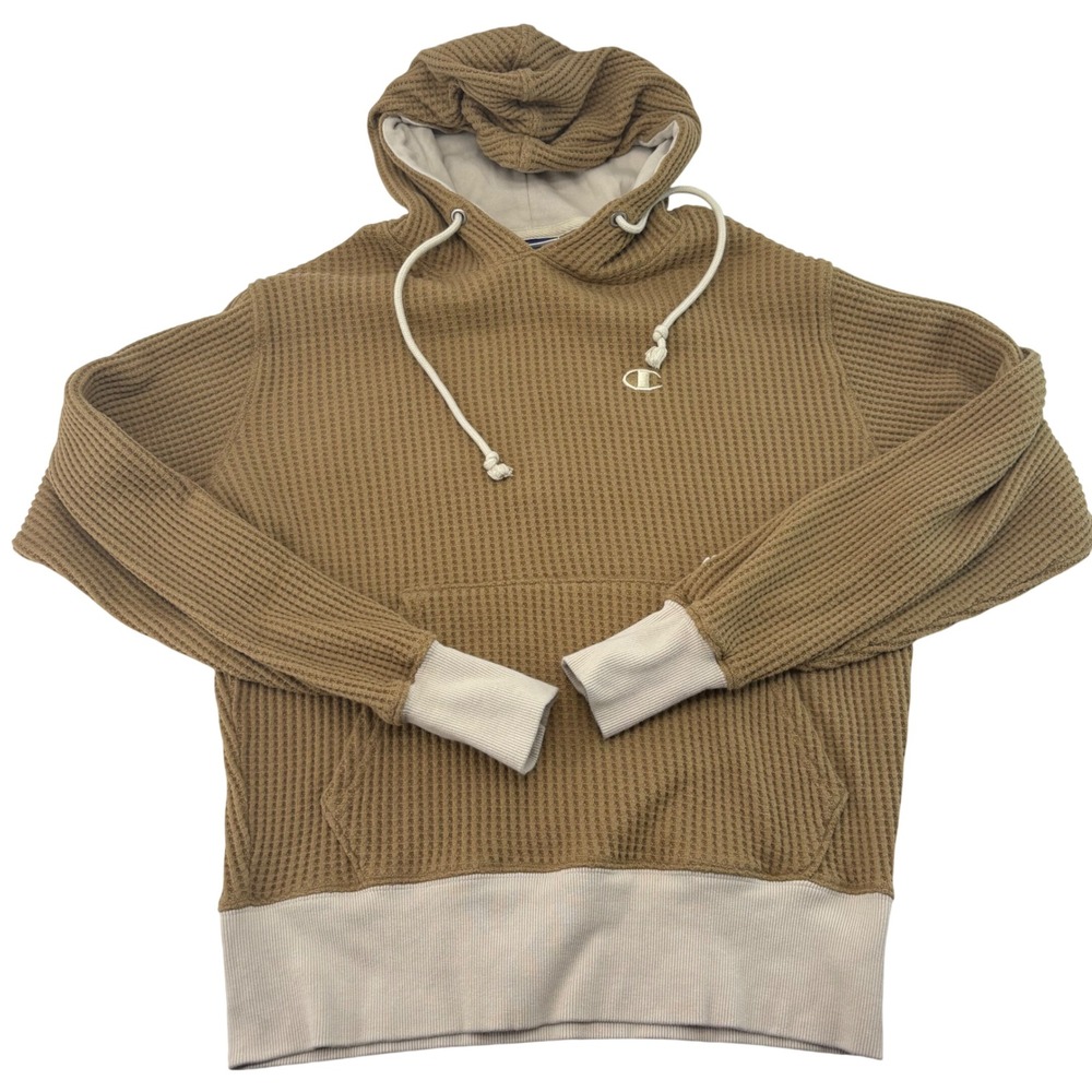Champion Waffle Knit Hoodie Brown Cream Colorblock Thermal Pullover S3132 Small